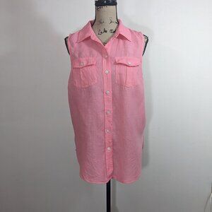 Talbots Shirt Top M Pink 100% Linen Sleeveless Button Up Pockets Coastal Beach